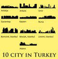 Set of 10 city silhouette in Turkey ( Ankara, Antalya, Adana, Izmir, Gaziantep, Bursa, Levent, Maslak )