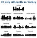 Set of 10 city silhouette in Turkey ( Ankara, Antalya, Adana, Izmir, Gaziantep, Bursa, Levent, Maslak )