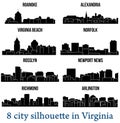 Set of 8 city silhouette in Virginia ( Richmond, Norfolk, Arlington, Virginia Beach, Rosslyn, Roanoke )