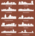 Set of 10 City Silhouette in Virginia ( Richmond, Norfolk, Roanoke, Portsmouth, Virginia Beach, Hampton, Lynchburg )