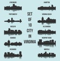 Set of 10 City Silhouette in Virginia ( Richmond, Norfolk, Roanoke, Portsmouth, Virginia Beach, Hampton, Lynchburg )