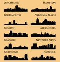 Set of 10 City Silhouette in Virginia ( Richmond, Norfolk, Roanoke, Portsmouth, Virginia Beach, Hampton, Lynchburg )