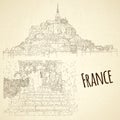 Set of city sketching. Line art silhouette. Travel card. Tourism concept. France, Saint-Paul-de-Vence, Mont Saint-Michel