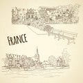 Set of city sketching on vintage background. Honfleur,