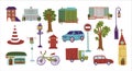 Set of city street urban objects. Public building, truck, car, lamp post, road sign and trees cartoon vector