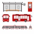 Set of city trolley bus, bus, tram and bus stop. Urban transport colored vector flat icons collection. City transportation and