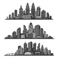 Set of cityscape black silhouettes with buildings, skyscrapers, bridge, tower, landmark. Urban landscape.