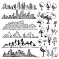 Set of Cityscape Drawing illustration Hand drawn doodle Sketch line eps10