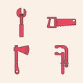 Set Clamp tool, Adjustable wrench, Hand saw and Wooden axe icon. Vector