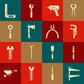 Set Clamp tool, Chisel for wood, Electric drill machine, Wooden axe, Wrench spanner, Corner ruler and Pliers icon