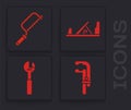 Set Clamp tool, Hacksaw, Wood plane tool and Adjustable wrench icon. Vector