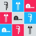 Set Clamp tool, Metallic screw and Roulette construction icon. Vector