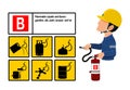 Set of Class B fire icon and the industrial worker hold the Extinguisher tank. Class B fire is fire uses flammable liquid or gas