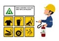 Set of Class A fire icon and the industrial worker hold the Extinguisher tank . Class A fire is fire uses commonly flammable