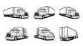 Set of classic American-style semi-trucks with trailers in various views and motion lines. Black and white vector Royalty Free Stock Photo