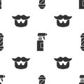 Set Classic Barber shop pole, Hairdresser pistol spray bottle and Mustache and beard on seamless pattern. Vector Royalty Free Stock Photo