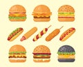 Set of classic burgers with flying ingredients and hotdogs. Vector hamburger and hot dog icons. Fastfood set.