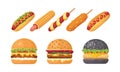 Set of classic burgers with flying ingredients and hotdogs. Vector hamburger and hot dog icons. Fastfood set. Royalty Free Stock Photo