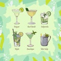 Set of classic cocktails on abstract green background. Fresh bar alcoholic drinks menu. Vector sketch illustration collection. Royalty Free Stock Photo