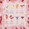 Set of classic cocktails on abstract pink background. Fresh bar alcoholic drinks menu. Vector sketch illustration collection. Hand Royalty Free Stock Photo