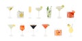 Set of classic cocktails. Different alcoholic drinks in various glasses. Summer aperitif garnish with lime twist, orange
