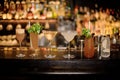 Set of classic cocktails: Dirty Martini, Sherry Cobbler, Brandy Crusta, Margarita, Cobras Fang and Tom Collins