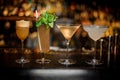 Set of classic cocktails: Dirty Martini, Sherry Cobbler, Brandy Crusta and Margarita