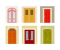Set of classic doors. Wooden front doors, building facade elements cartoon vector illustration
