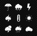 Set Classic Elegant Opened Umbrella, Cloud With Rain, Lightning Bolt, Storm, And Moon, And Thermometer Icon. Vector