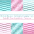 Set of 6 Classic Hand-Drawn Coordinating Patterns, Polka Dots and Diagonal Candy Stripes, in Mint and Baby Pink Royalty Free Stock Photo