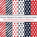 Set of 6 Classic Hand-Drawn Coordinating Patterns, Polka Dots and Diagonal Candy Stripes, in Navy Blue and Red Royalty Free Stock Photo