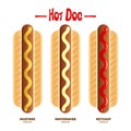 Set of classic Hot Dogs with different sauce additions, ketchup, mayonnaise, mustard.