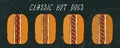 Set of Classic Hot Dogs. For Fast Food Menu. Hand Drawn High Quality Clean Vector Realistic Illustration. Doodle Style. Black Chal Royalty Free Stock Photo