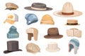 Set Of Classic And Modern Male Beanie, Trapper, Top Hat Cylinder, The Poor Boy, Boater And Panama And Baseball Or Cowboy