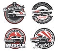Set of classic muscle car round emblems, badges and signs.