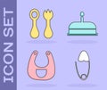 Set Classic steel safety pin, Baby cutlery with fork and spoon, Baby bib and Cake with burning candles icon. Vector