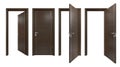 Set of classic style solid wood doors closed and open outside, inside of house room. Simple modern brown wooden doorways for home