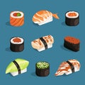 Set of classical asian food. White rice, sushi, salmon nori and different rolls. Vector pictures in cartoon style Royalty Free Stock Photo