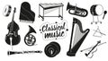 Set Of Classical Musical Instruments Black And White Icons. Tambourine, Grand Piano, Xylophone And Trumpet