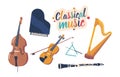 Set Of Classical Musical Instruments. Grand Piano, Cello And Harp Or Violin, Double Bass And Triangle With Clarinet Royalty Free Stock Photo