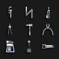 Set Claw hammer, Snow shovel, Hand saw, Pliers tool, Cement bag, Drawing compass, Stationery knife and Calliper or