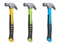 Set of claw hammers with yellow, green, and blue grips isolated on white background, concept of construction tools Royalty Free Stock Photo