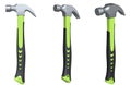 Set of claw hammers with yellow, green, and blue grips isolated on white background, concept of construction tools Royalty Free Stock Photo