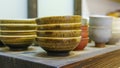 Set of clay cups in tea store. Shop of traditional tea crockery