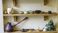 Set of clay cups in tea store. Shop of traditional tea crockery