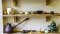 Set of clay cups in tea store. Shop of traditional tea crockery