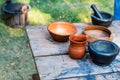 Set clay dishes natural eco pair of plates deep bowl mortar black jug herbalist counter