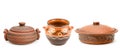 Set of clay pots isolated on white . Wide photo. Free space for text Royalty Free Stock Photo