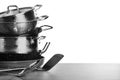 Set of clean cookware and utensils on table Royalty Free Stock Photo