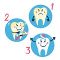 Set of clean and dirty tooth on blue background, clearing tooth process